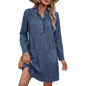 image:imageSidefeel Womens Denim Dresses 2026 Loose Long Sleeve Ruffled Edge Neck Jean Sundresses with PocketsBluing