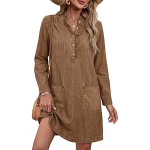 image:imageSidefeel Womens Denim Dresses 2026 Loose Long Sleeve Ruffled Edge Neck Jean Sundresses with PocketsBrown