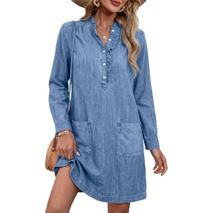image:imageSidefeel Womens Denim Dresses 2026 Loose Long Sleeve Ruffled Edge Neck Jean Sundresses with PocketsLight Blue
