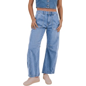 image:imageSidefeel Womens High Waist Stretchy Barrel Wide Leg JeansSky Blue