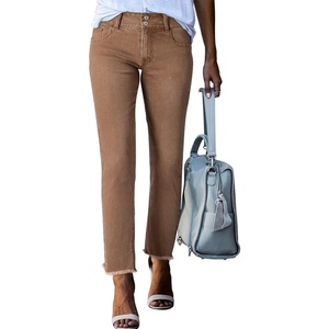 image:imageSidefeel Womens High Waisted Raw Hem Straight Leg JeansBrown