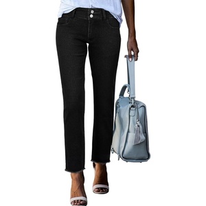 image:imageSidefeel Womens High Waisted Raw Hem Straight Leg JeansPure Black
