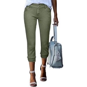 image:imageSidefeel Womens High Waisted Skinny Capri Pants Cropped JeansGreen