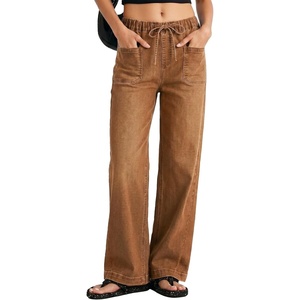 image:imageSidefeel Womens Jeans High Waisted Elastic Straight Leg Stretchy Drawstring Trendy Wide Leg Loose Pull On Denim PantsBrown