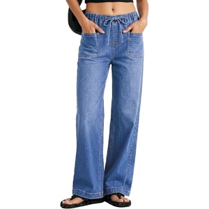 image:imageSidefeel Womens Jeans High Waisted Elastic Straight Leg Stretchy Drawstring Trendy Wide Leg Loose Pull On Denim PantsLight Blue