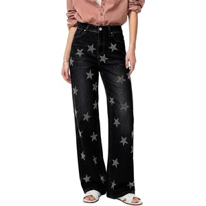 image:imageSidefeel Womens Jeans High Waisted Rhinestone Star Y2K Straight Leg Stretchy Retro Sparkly Loose Wide Leg Denim PantsBlack