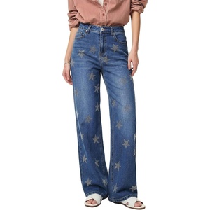 image:imageSidefeel Womens Jeans High Waisted Rhinestone Star Y2K Straight Leg Stretchy Retro Sparkly Loose Wide Leg Denim PantsBlue