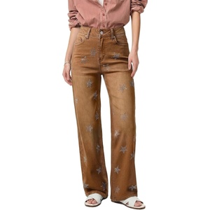 image:imageSidefeel Womens Jeans High Waisted Rhinestone Star Y2K Straight Leg Stretchy Retro Sparkly Loose Wide Leg Denim PantsBrown