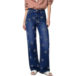 image:imageSidefeel Womens Jeans High Waisted Rhinestone Star Y2K Straight Leg Stretchy Retro Sparkly Loose Wide Leg Denim PantsDark Blue