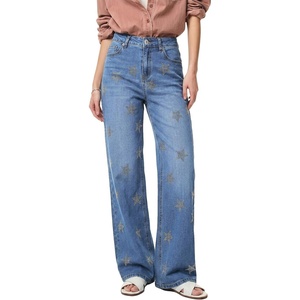 image:imageSidefeel Womens Jeans High Waisted Rhinestone Star Y2K Straight Leg Stretchy Retro Sparkly Loose Wide Leg Denim PantsLight Blue