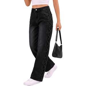 image:imageSidefeel Womens Jeans High Waisted Stretchy Wide Leg Y2K Retro Crisscross Strap Side Casual Streetwear Loose Denim PantsBlack