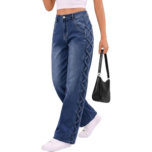 image:imageSidefeel Womens Jeans High Waisted Stretchy Wide Leg Y2K Retro Crisscross Strap Side Casual Streetwear Loose Denim PantsBlue