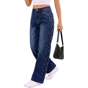 image:imageSidefeel Womens Jeans High Waisted Stretchy Wide Leg Y2K Retro Crisscross Strap Side Casual Streetwear Loose Denim PantsBluing