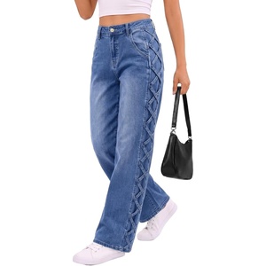 image:imageSidefeel Womens Jeans High Waisted Stretchy Wide Leg Y2K Retro Crisscross Strap Side Casual Streetwear Loose Denim PantsLight Blue