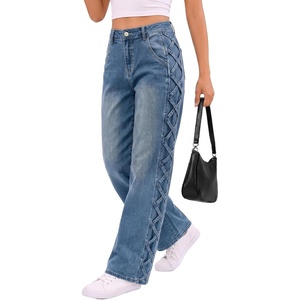 image:imageSidefeel Womens Jeans High Waisted Stretchy Wide Leg Y2K Retro Crisscross Strap Side Casual Streetwear Loose Denim PantsVintage Blue