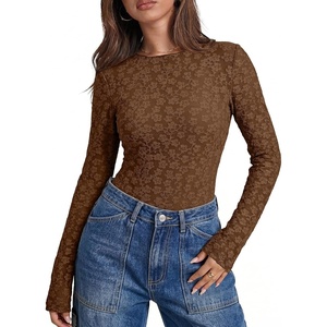 image:imageSidefeel Womens Lace Long Sleeve Tops Sheer See Through Shirts Mesh BlousesBrown