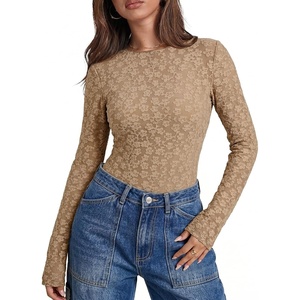 image:imageSidefeel Womens Lace Long Sleeve Tops Sheer See Through Shirts Mesh BlousesKhaki