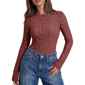 image:imageSidefeel Womens Lace Long Sleeve Tops Sheer See Through Shirts Mesh BlousesRed