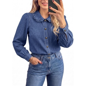 image:imageSidefeel Womens Long Sleeve Peter Pan Collar Denim ShirtBlue