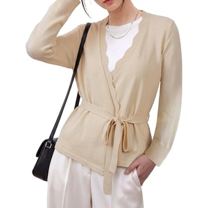image:imageSidefeel Womens Long Sleeve Wave Wrap V Neck Tie Front Cardigan SweatersApricot