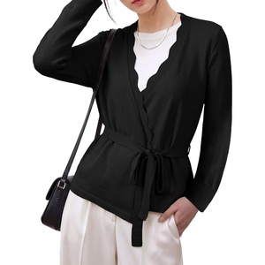 image:imageSidefeel Womens Long Sleeve Wave Wrap V Neck Tie Front Cardigan SweatersBlack