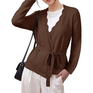 image:imageSidefeel Womens Long Sleeve Wave Wrap V Neck Tie Front Cardigan SweatersBrown