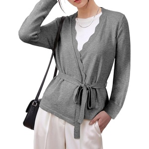 image:imageSidefeel Womens Long Sleeve Wave Wrap V Neck Tie Front Cardigan SweatersGray