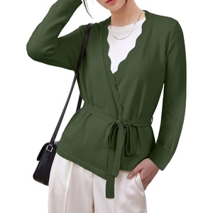 image:imageSidefeel Womens Long Sleeve Wave Wrap V Neck Tie Front Cardigan SweatersGreen