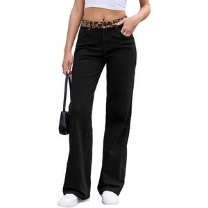 image:imageSidefeel Womens MidLow Rise Jeans Leopard Waist Wide Leg Denim PantsBlack