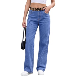 image:imageSidefeel Womens MidLow Rise Jeans Leopard Waist Wide Leg Denim PantsBlue