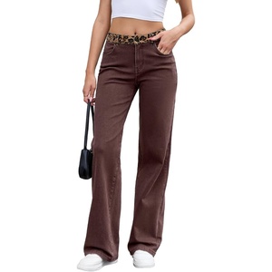 image:imageSidefeel Womens MidLow Rise Jeans Leopard Waist Wide Leg Denim PantsCoffee