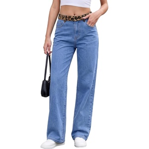 image:imageSidefeel Womens MidLow Rise Jeans Leopard Waist Wide Leg Denim PantsLight Blue