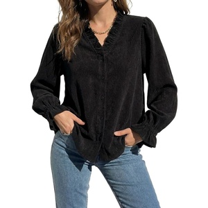 image:imageSidefeel Womens Ruffle Button Down Corduroy ShirtsBlack