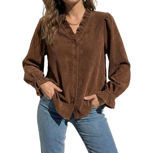 image:imageSidefeel Womens Ruffle Button Down Corduroy ShirtsCoffee