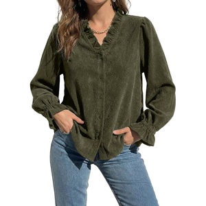 image:imageSidefeel Womens Ruffle Button Down Corduroy ShirtsGreen