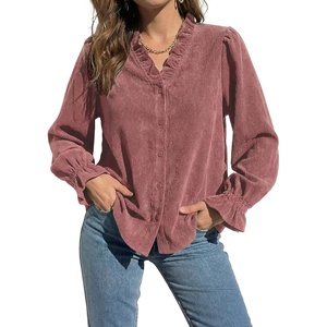 image:imageSidefeel Womens Ruffle Button Down Corduroy ShirtsMineral Red
