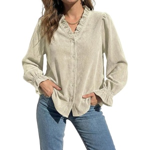 image:imageSidefeel Womens Ruffle Button Down Corduroy ShirtsWhite