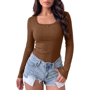 image:imageSidefeel Womens Shirts Long Sleeve Lace Square Neck Bow Knot TopsBrown