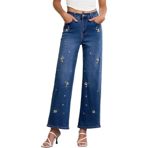 image:imageSidefeel Womens Straight Leg Jeans Embroidered Denim Pants with PocketsDark Blue