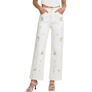 image:imageSidefeel Womens Straight Leg Jeans Embroidered Denim Pants with PocketsWhite