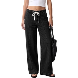 image:imageSidefeel Womens Wide Leg Jeans High Waisted Drawstring Denim SweatpantsBlack