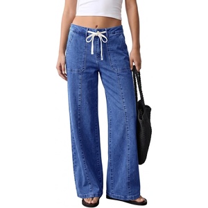 image:imageSidefeel Womens Wide Leg Jeans High Waisted Drawstring Denim SweatpantsDark Blue
