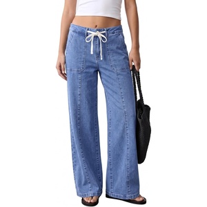 image:imageSidefeel Womens Wide Leg Jeans High Waisted Drawstring Denim SweatpantsLight Blue