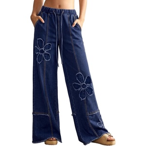 image:imageSidefeel Womens Y2K Floral Wide Leg Elastic High Waisted Baggy JeansBluing