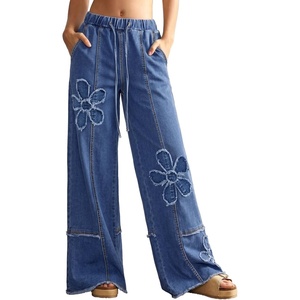 image:imageSidefeel Womens Y2K Floral Wide Leg Elastic High Waisted Baggy JeansLight Blue
