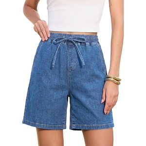 image:imageSidefeel Womens High Waisted Drawstring Summer Jean ShortsLight Blue