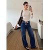 image:imageSidefeel Womens High Waisted Straight Leg Jeans Drawstring Denim PantsBluing