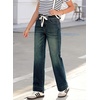 image:imageSidefeel Womens High Waisted Straight Leg Jeans Drawstring Denim PantsReal Teal