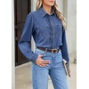 image:imageSidefeel Womens Long Sleeve Ruffle Trim Button Down Denim ShirtLight Blue