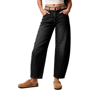 image:imageSidefeel Womens Barrel Jeans Wide Leg Mid Rise Y2k Ankle Denim PantsBlack